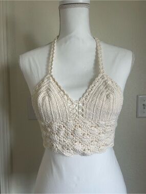 Crochet 100% Cotton Halter Top Cream Festival Fairy Coastal Fairygrunge Boho